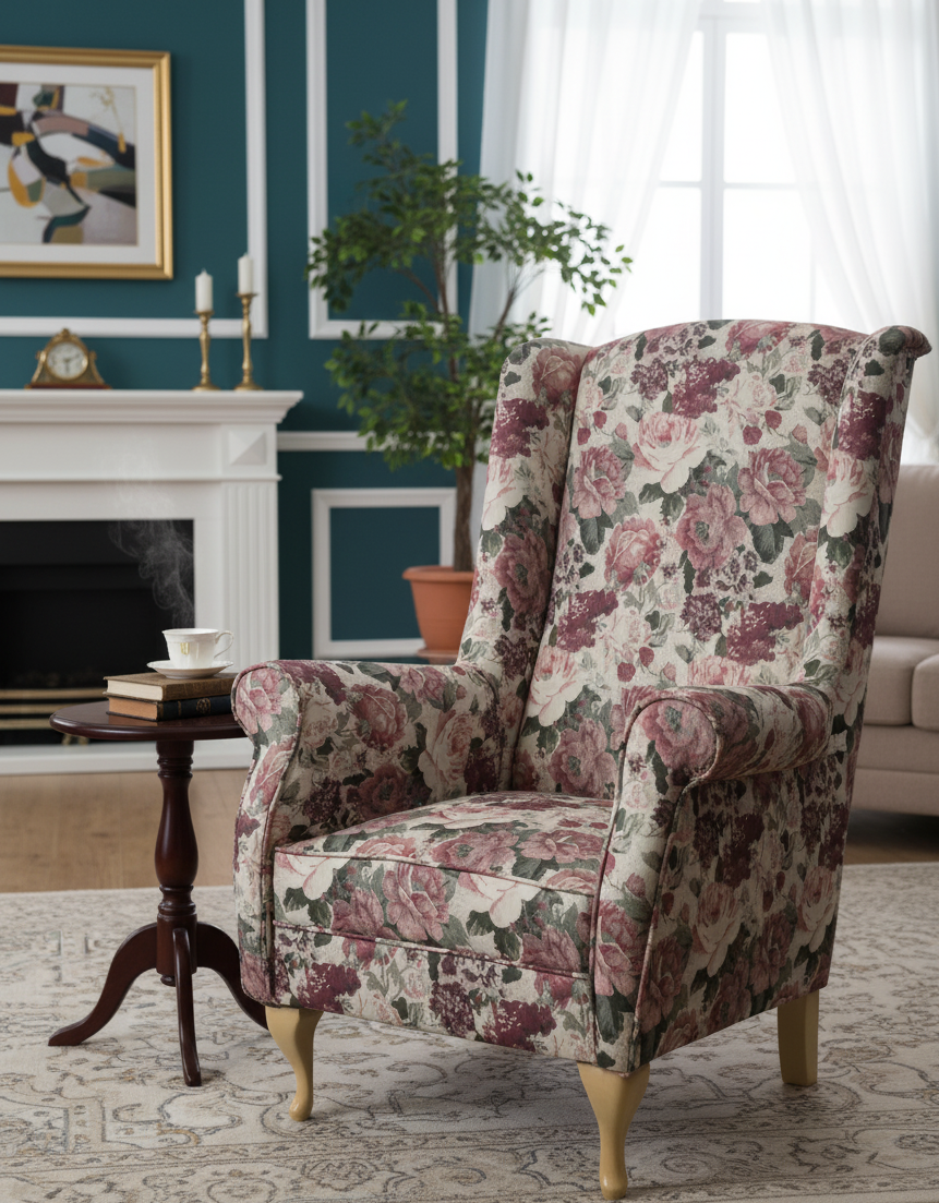 Klasyczny fotel uszak w kwiaty MINO