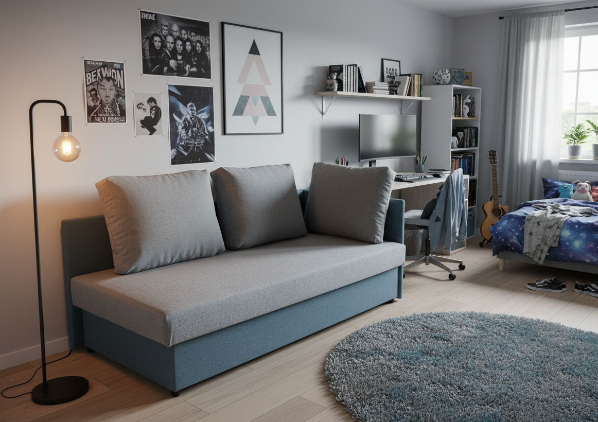 Tapczan młodzieżowy z poduszkami i pojemnikiem na pościel GREG