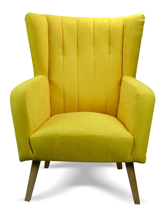 Designerski fotel skandynawski BORNEO komfortowy i wygodny od przodu zółty