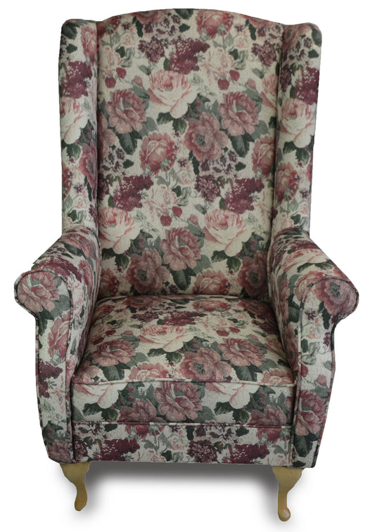 Klasyczny fotel uszak w kwiaty MINO kwiat czerwone od przodu