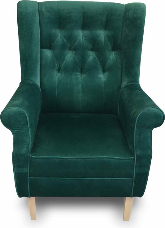 Fotel FRODO – elegancki fotel uszak z pikowanym oparciem zielony butelkowy od przodu