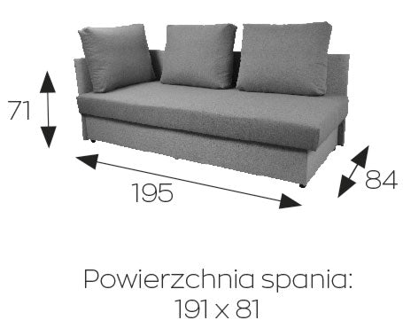 Tapczan młodzieżowy z poduszkami i pojemnikiem na pościel GREG wymiary