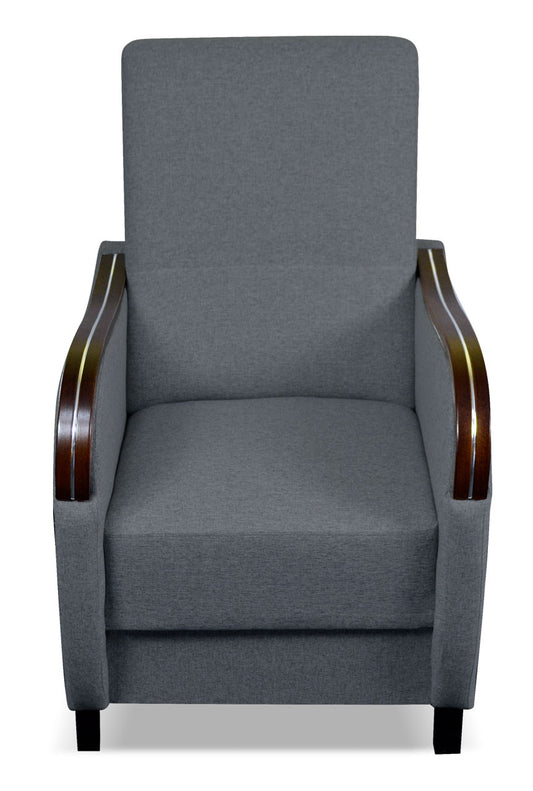 Komfortowy fotel tradycyjny z drewnianym wykończeniem AXEL szary od przodu