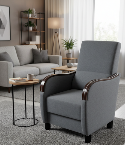 Komfortowy fotel tradycyjny z drewnianym wykończeniem AXEL