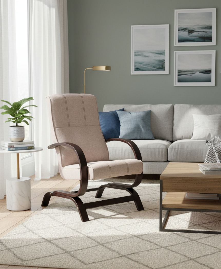 Nowoczesny fotel z drewnianymi podłokietnikami ORIGI