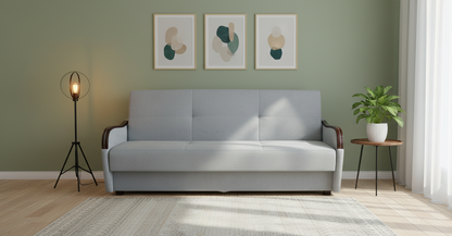 Wersalka rozkładana z drewnianymi dodatkami AXEL