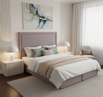 Łóżko z podwójnym materacem i tapicerowanym zagłówkiem SANTI