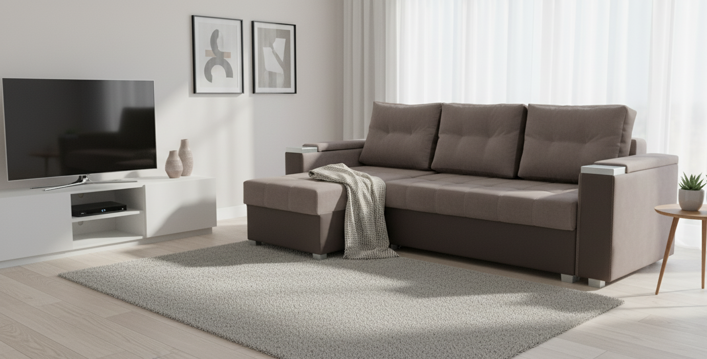 Prosty i kompaktowy narożnik ze schowkami FIESTA