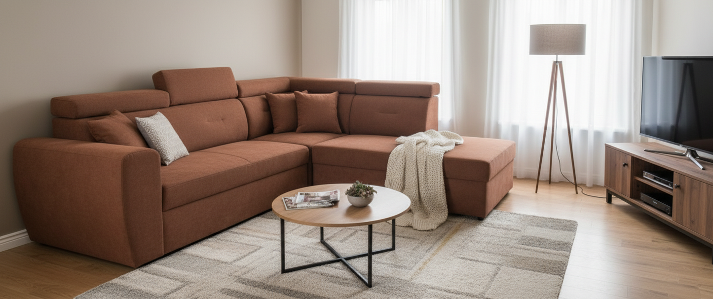 Duży rodzinny narożnik z funkcją spania i pojemnikiem PRESTIGE