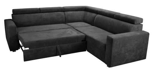 Duży i komfortowy narożnik z regulowanymi zagłówkami TORRES rozłożony