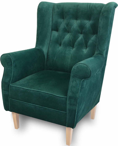 Fotel FRODO – elegancki fotel uszak z pikowanym oparciem zielony butelkowy 