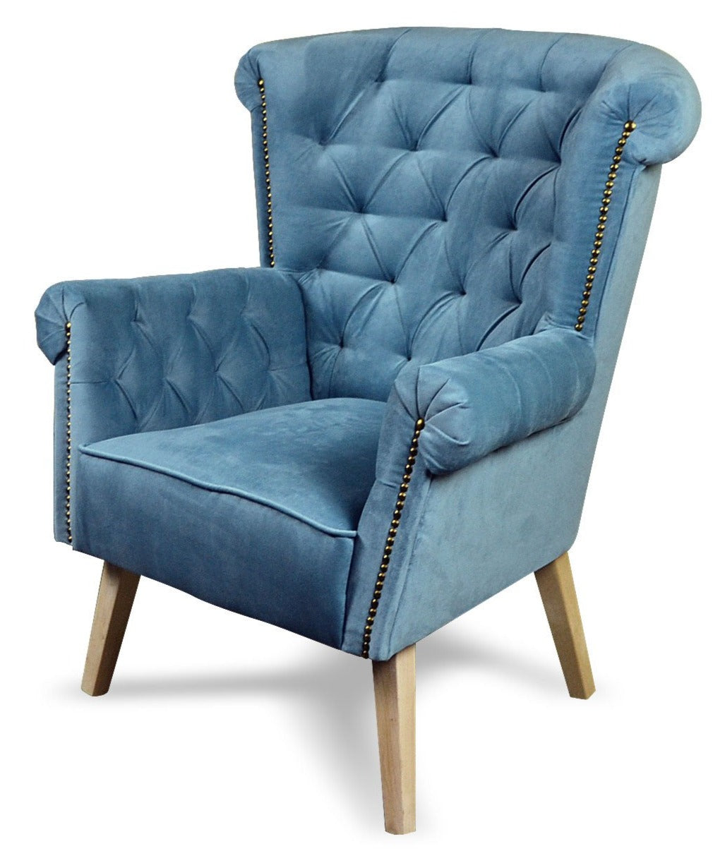 Fotel glamour do salonu w stylu angielskim TURYN niebieski