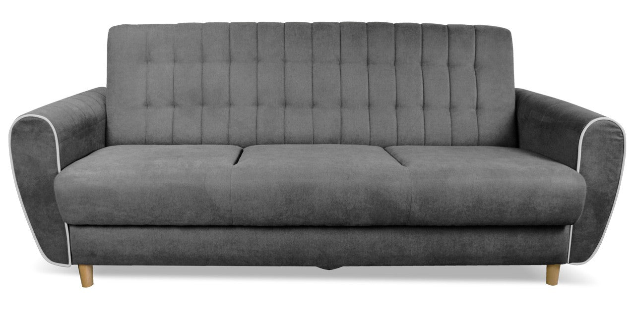 Kanapa na drewnianych nogach w stylu skandynawskim SOLDI szara z białym przeszyciem