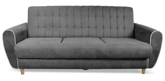 Kanapa na drewnianych nogach w stylu skandynawskim SOLDI szara z białym przeszyciem