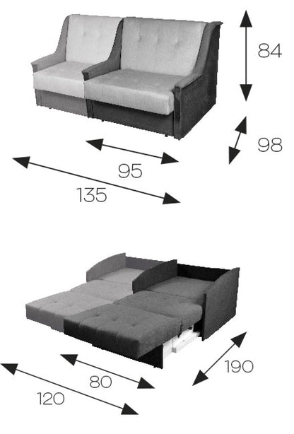 Klasyczna rozkładana sofa DORA 80cm wymiary