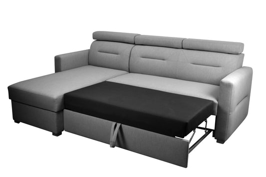 Nowoczesny narożnik HAVANA rozkładany i regulowane zagłówki rozłożony