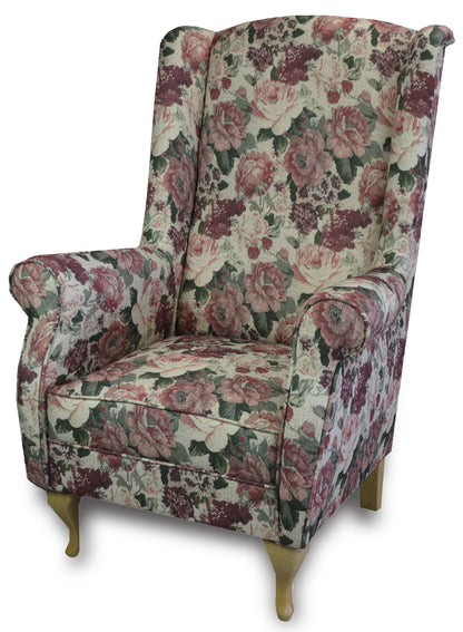 Klasyczny fotel uszak w kwiaty MINO kwiaty czerwone