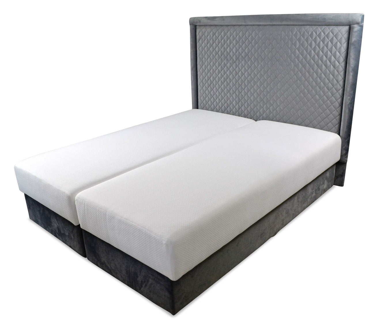 Łóżko z podwójnym materacem i tapicerowanym zagłówkiem SANTI szare