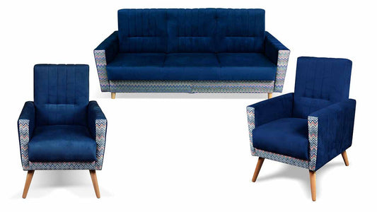 Nowoczesny zestaw wypoczynkowy do salonu w stylu skandynawskim i 2 fotelami VELAR granatowy